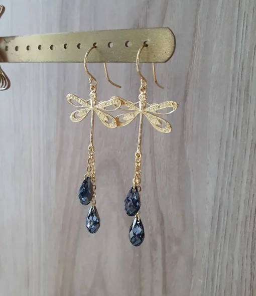 18K Gold plated dragonfly earrings with Black Diamond drops - Image 4