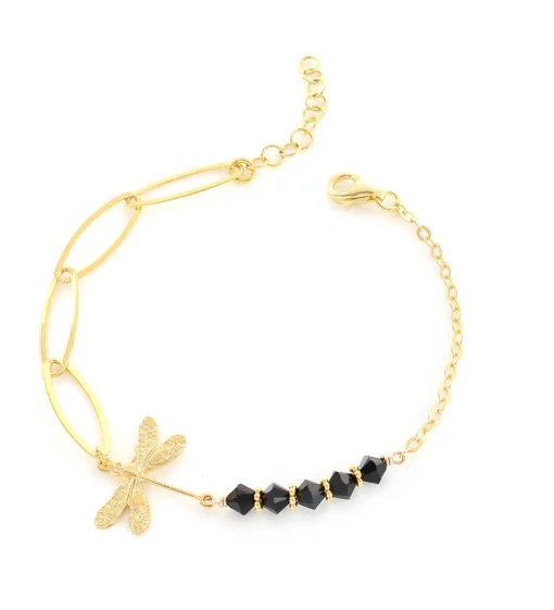 18K gold plated dragonfly bracelet with black crystals