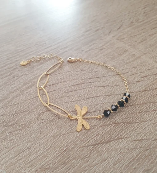 18K gold plated dragonfly bracelet with black crystals - Image 3