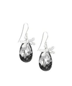 Rhodium plated dragonfly earrings with Black Diamond crystal drops