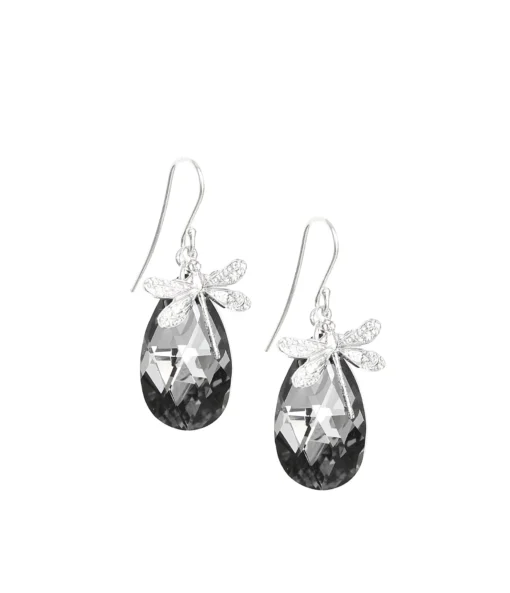 Rhodium plated dragonfly earrings with Black Diamond crystal drops