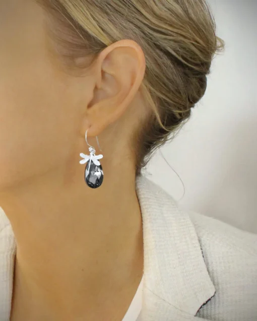 Rhodium plated dragonfly earrings with Black Diamond crystal drops - Image 2