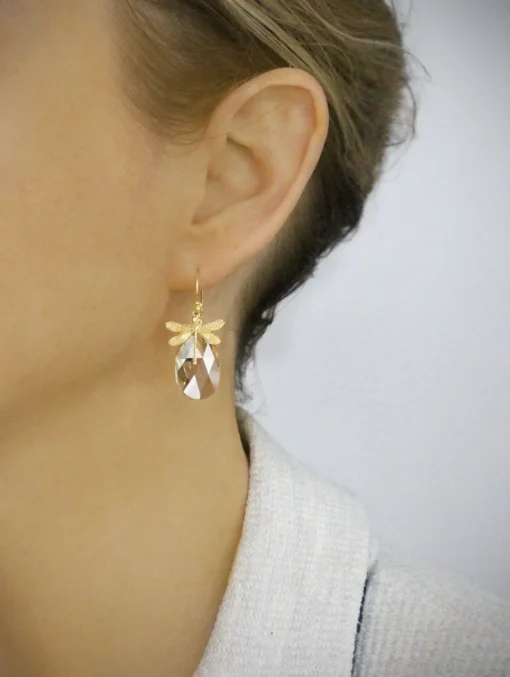 18K Gold Plated Dragonfly Earrings with Golden Shadow Drops - Image 2