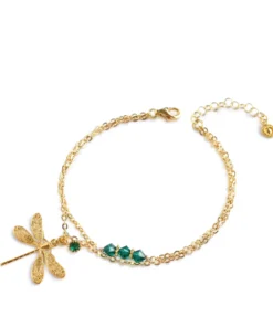 18K gold plated double chain dragonfly bracelet with Emerald crystals