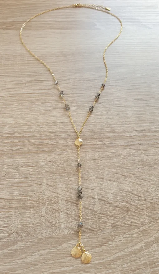 18K gold plated seashell Y-necklace with Black Diamond crystals - Image 3