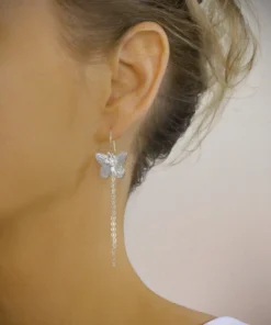 Radiant Flutter rhodium drop earrings with butterfly design and sparkling cubic zirconia stones – elegant women's jewelry for special occasions.