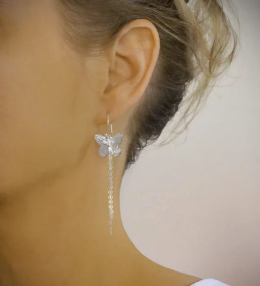 Radiant Flutter rhodium drop earrings with butterfly design and sparkling cubic zirconia stones – elegant women's jewelry for special occasions.