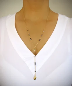 18K gold plated seashell Y-necklace with Black Diamond crystals
