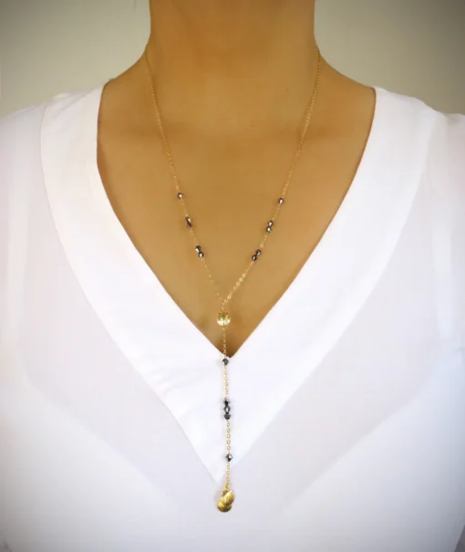 18K gold plated seashell Y-necklace with Black Diamond crystals