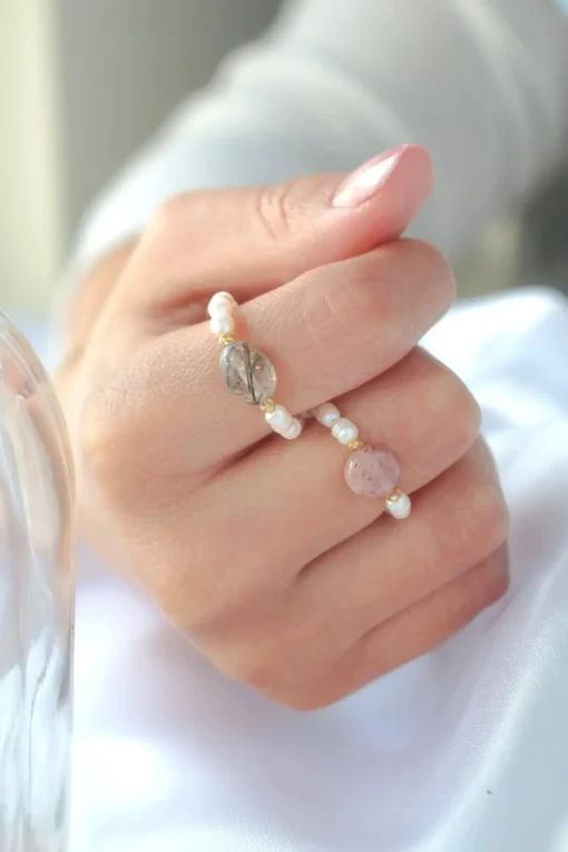 Elastic Rings with Natural Crystals & Freshwater Pearls - Image 7
