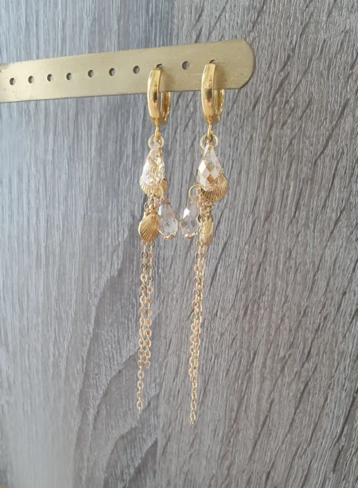 18K gold plated hoop earrings with crystal drops and seashells - Image 3