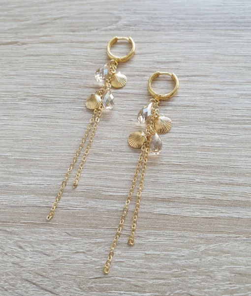 18K gold plated hoop earrings with crystal drops and seashells - Image 4