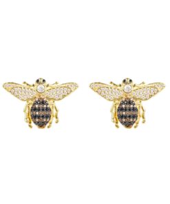 Close-up of 18K gold plated Honey Bee stud earrings with detailed wings and a polished finish, displayed on a soft neutral background.