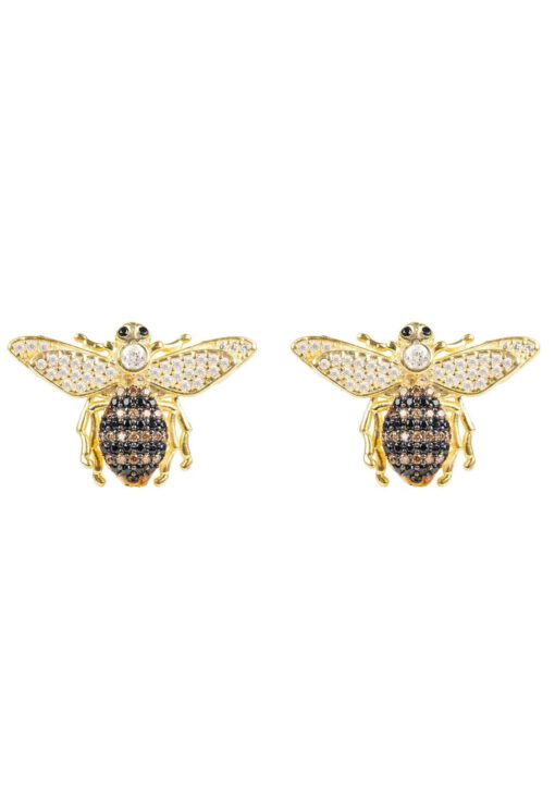 Close-up of 18K gold plated Honey Bee stud earrings with detailed wings and a polished finish, displayed on a soft neutral background.