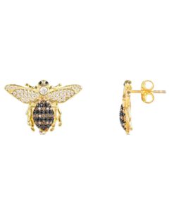 Close-up of 18K gold plated Honey Bee stud earrings with detailed wings and a polished finish, displayed on a soft neutral background.