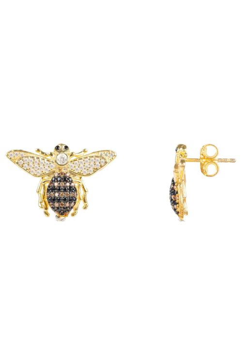 Close-up of 18K gold plated Honey Bee stud earrings with detailed wings and a polished finish, displayed on a soft neutral background.