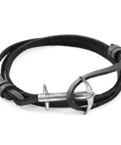Admiral Anchor Silver and Flat Leather Bracelet - Coal Black